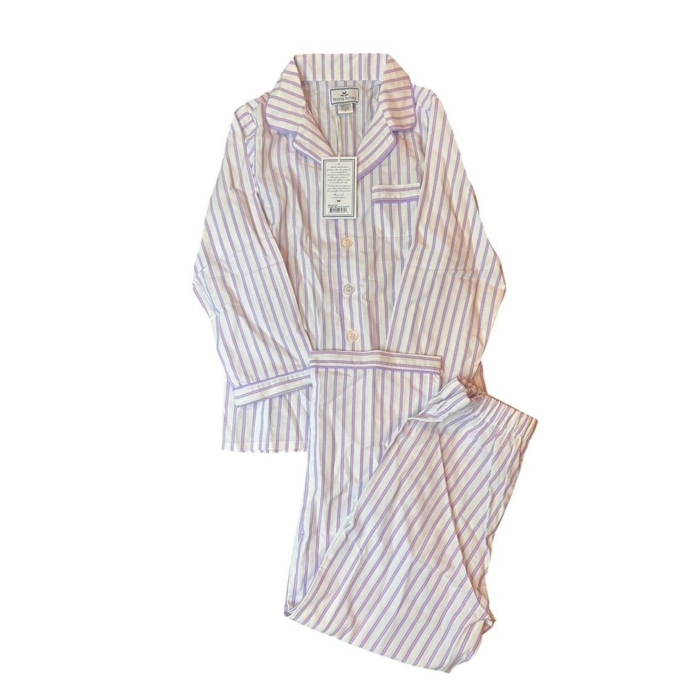 Petite Plume Girls Lavender Stripe Pajama Set Kids Size 7 Purple French Ticking - Picture 3 of 8
